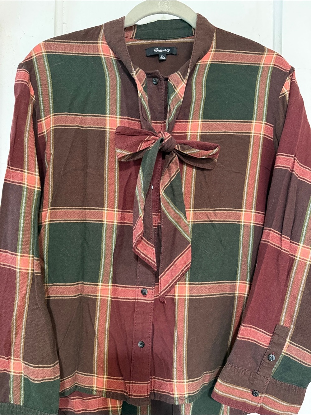 Madewell Red, Green and Brown Plaid Tie-Neck Button-Down Shirt